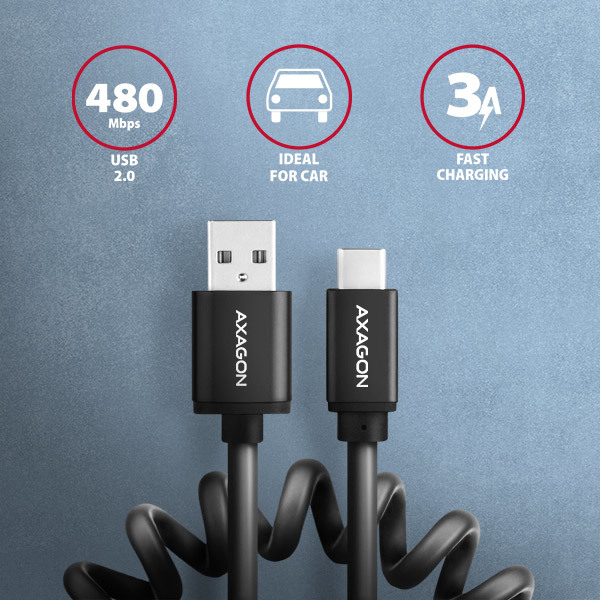 AXAGON BUCM-AM10TB, TWISTER kábel USB-C USB-A, 0.6 m, USB 2.0, 3A, ALU, tpe, čierna