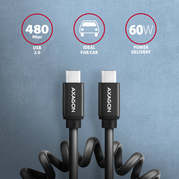 AXAGON BUCM-CM10TB, TWISTER kábel USB-C  USB-C, 0.6 m, USB 2.0, PD 60W 3A, ALU, tpe, čierny