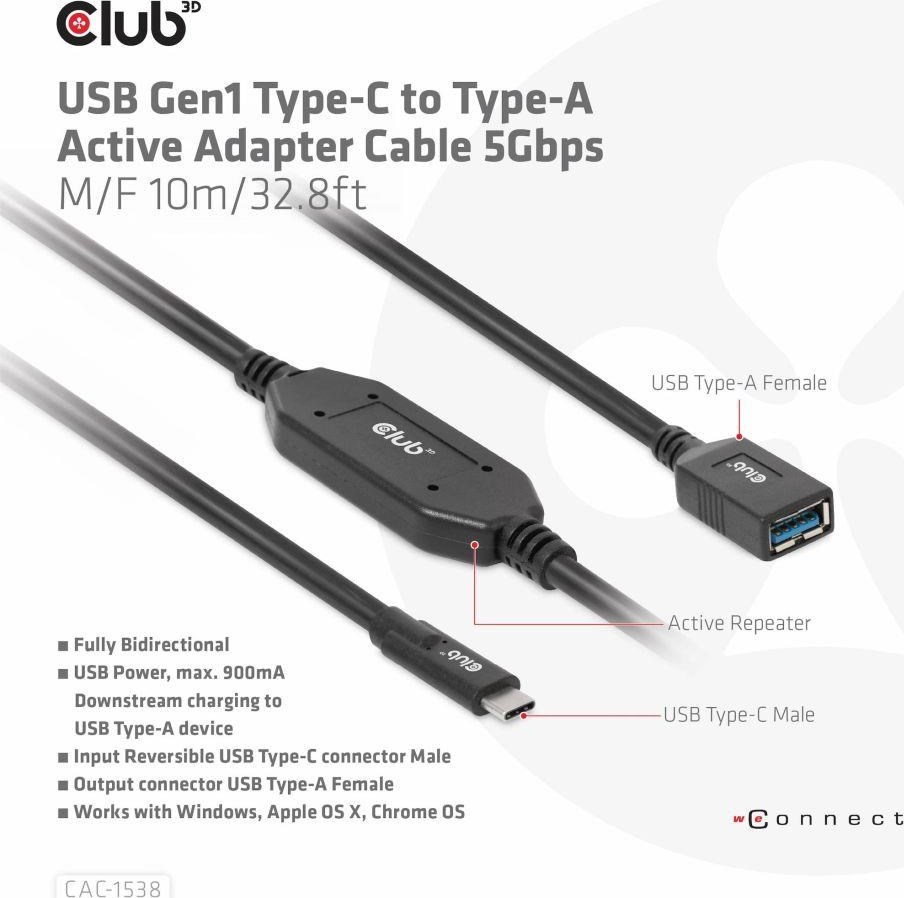 Club 3D Club3D Kabel USB-C na USB-A, Aktivní adaptér/kabel, 5 Gbps (M/F), 10m