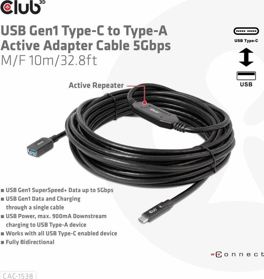 Club 3D Club3D Kabel USB-C na USB-A, Aktivní adaptér/kabel, 5 Gbps (M/F), 10m