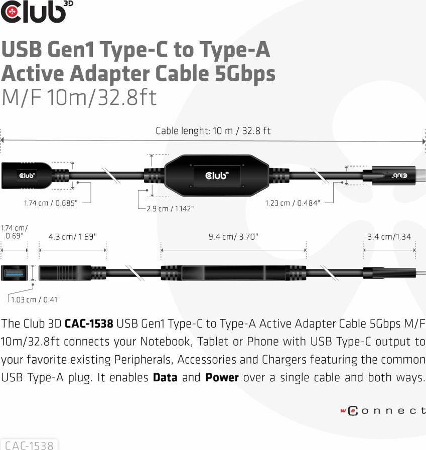 Club 3D Club3D Kabel USB-C na USB-A, Aktivní adaptér/kabel, 5 Gbps (M/F), 10m