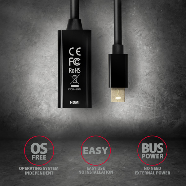 AXAGON RVDM-HI14N, Mini DisplayPort -> HDMI 1.4 redukcia/adaptér, 4K/30Hz