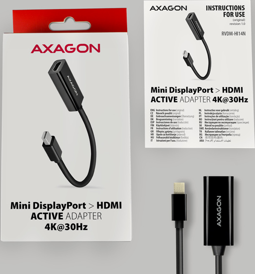 AXAGON RVDM-HI14N, Mini DisplayPort -> HDMI 1.4 redukcia/adaptér, 4K/30Hz