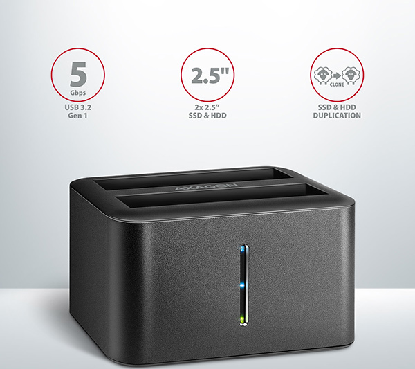 AXAGON ADSA-D25, USB 3.2 Gen 1 - 2x SATA 6G 2.dokovacia stanica 5" SSD/HDD CLONE MINI