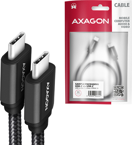 AXAGON BUCM3-CM30AB, SPEED kábel USB-C USB-C, 3 m, USB 3.2 Gen 1, PD 60W 3A, ALU, opletenie, čierny