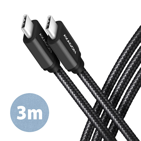 AXAGON BUCM3-CM30AB, SPEED kábel USB-C USB-C, 3 m, USB 3.2 Gen 1, PD 60W 3A, ALU, opletenie, čierny