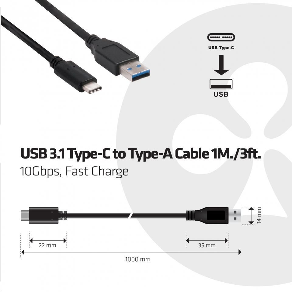 Club 3D Kábel USB Club3D 3.1 Type-C na USB 3.1 Typ A, 10Gbps Power Delivery 60W (M/M), 1m