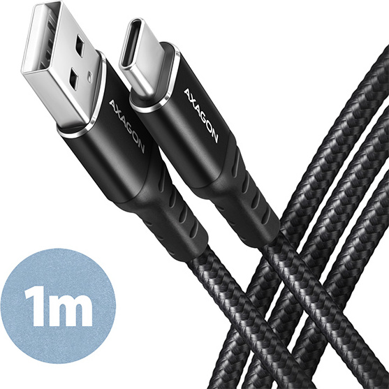AXAGON BUCM-AM10AB, HQ kábel USB-C USB-A, 1 m, USB 2.0, 3A, ALU, opletenie, čierny