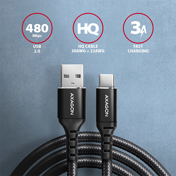 AXAGON BUCM-AM10AB, HQ kábel USB-C USB-A, 1 m, USB 2.0, 3A, ALU, opletenie, čierny