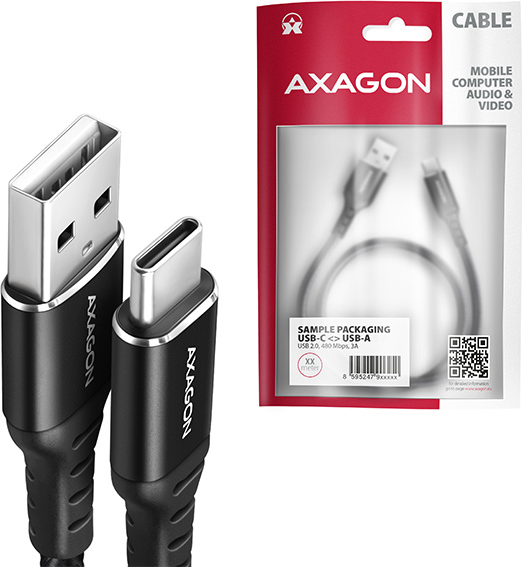 AXAGON BUCM-AM15AB, HQ kábel USB-C USB-A, 1.5 m, USB 2.0, 3A, ALU, opletenie, čierny