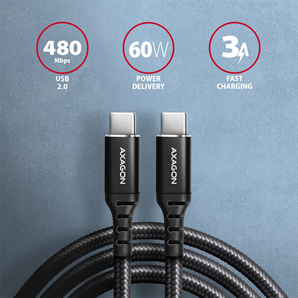 AXAGON BUCM-CM10AB, HQ kábel USB-C USB-C, 1 m, USB 2.0, PD 60W 3A, ALU, opletenie, čierny