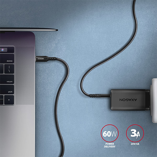 AXAGON BUCM-CM10AB, HQ kábel USB-C USB-C, 1 m, USB 2.0, PD 60W 3A, ALU, opletenie, čierny