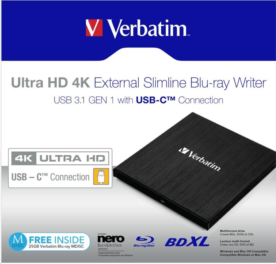 VERBATIM Ultra HD 4K Blu-ray externá slimline napaľovačka (USB 3.1, USB-C) + bezplatné 25GB médium