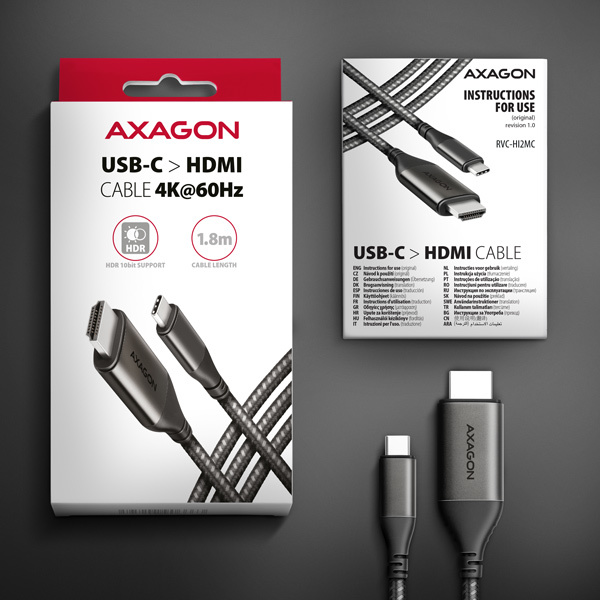 AXAGON RVC-HI2MC, USB-C -> HDMI 2.0a redukcia / kábel 1.8m, 4K/60Hz HDR10