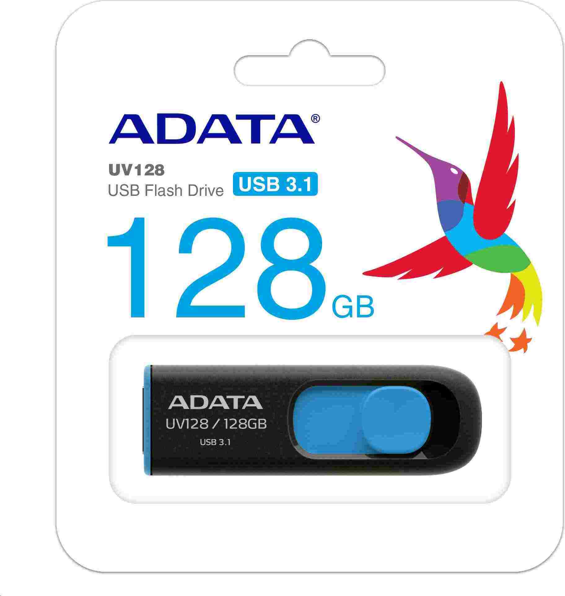A-Data ADATA Flash disk 128GB UV128, USB 3.1 Dash Drive (R:90/W:40 MB/s) čierna/modrá
