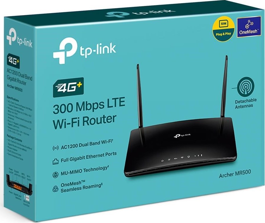 TP-Link Archer MR500 OneMesh WiFi5 router (AC1200,4G LTE,2,4GHz/5GHz,Cat6,3xGbELAN,1xGbEWAN/LAN,1xNanoSIM)