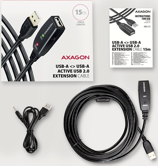 AXAGON ADR-215, USB 2.0 A-M -> A-F aktívny predlžovací / repeater kábel, 15m