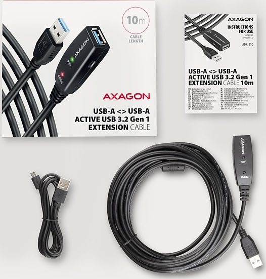 AXAGON ADR-310, USB 3.2 Gen 1 A-M -> A-F aktívny predlžovací / repeater kábel, 10m
