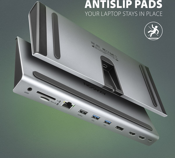 AXAGON HMC-4KX3 USB 5Gbps hub, 3x USB-A, 2x HDMI, DP, RJ-45 GLAN, SD/microSD, audio, PD 100W, kábel USB-C 40cm