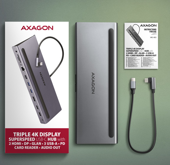 AXAGON HMC-4KX3 USB 5Gbps hub, 3x USB-A, 2x HDMI, DP, RJ-45 GLAN, SD/microSD, audio, PD 100W, kábel USB-C 40cm