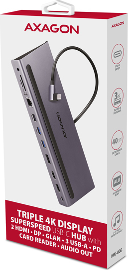 AXAGON HMC-4KX3 USB 5Gbps hub, 3x USB-A, 2x HDMI, DP, RJ-45 GLAN, SD/microSD, audio, PD 100W, kábel USB-C 40cm