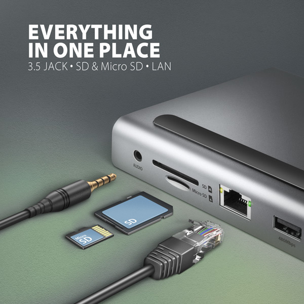 AXAGON HMC-4KX3 USB 5Gbps hub, 3x USB-A, 2x HDMI, DP, RJ-45 GLAN, SD/microSD, audio, PD 100W, kábel USB-C 40cm
