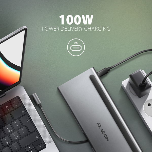 AXAGON HMC-4KX3 USB 5Gbps hub, 3x USB-A, 2x HDMI, DP, RJ-45 GLAN, SD/microSD, audio, PD 100W, kábel USB-C 40cm