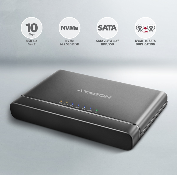 AXAGON ADSA-CC USB-C 10Gbps - NVMe M.2 SSD & SATA 2.5"/3.5" SSD/HDD CLONE MASTER 2 adaptér