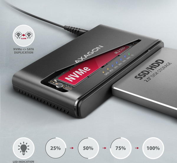 AXAGON ADSA-CC USB-C 10Gbps - NVMe M.2 SSD & SATA 2.5"/3.5" SSD/HDD CLONE MASTER 2 adaptér