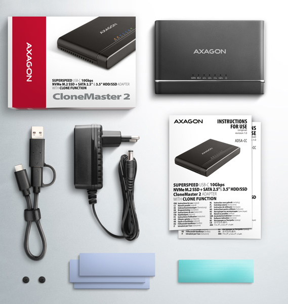 AXAGON ADSA-CC USB-C 10Gbps - NVMe M.2 SSD & SATA 2.5"/3.5" SSD/HDD CLONE MASTER 2 adaptér