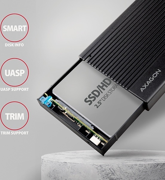AXAGON EE25-GTR, USB-C 10Gbps - SATA 6G 2.5" RIBBED box, čierny