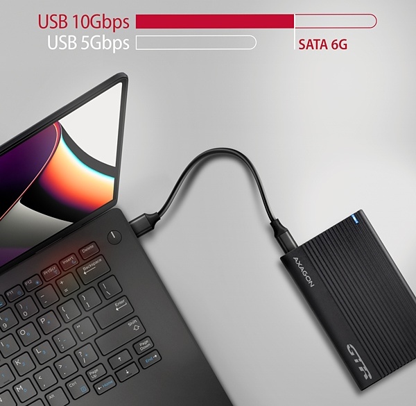 AXAGON EE25-GTR, USB-C 10Gbps - SATA 6G 2.5" RIBBED box, čierny
