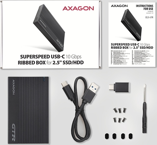 AXAGON EE25-GTR, USB-C 10Gbps - SATA 6G 2.5" RIBBED box, čierny