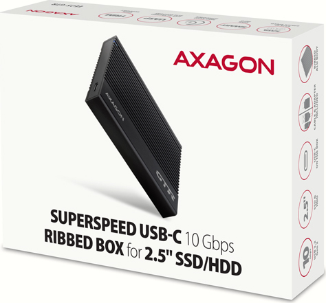 AXAGON EE25-GTR, USB-C 10Gbps - SATA 6G 2.5" RIBBED box, čierny