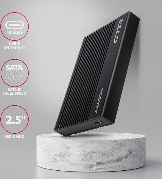 AXAGON EE25-GTR, USB-C 10Gbps - SATA 6G 2.5" RIBBED box, čierny