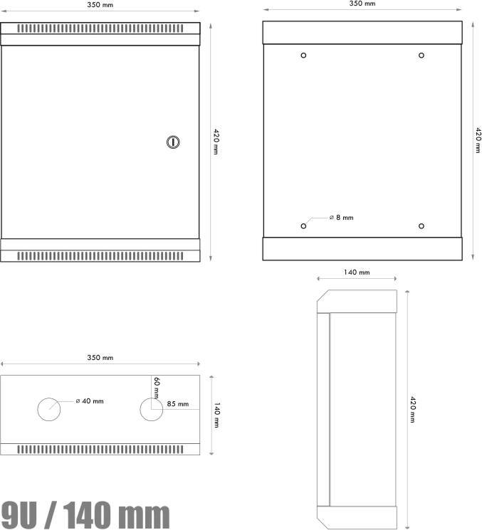 10" rack jednodílný 9U/140 DATACOM černý plech.dveře