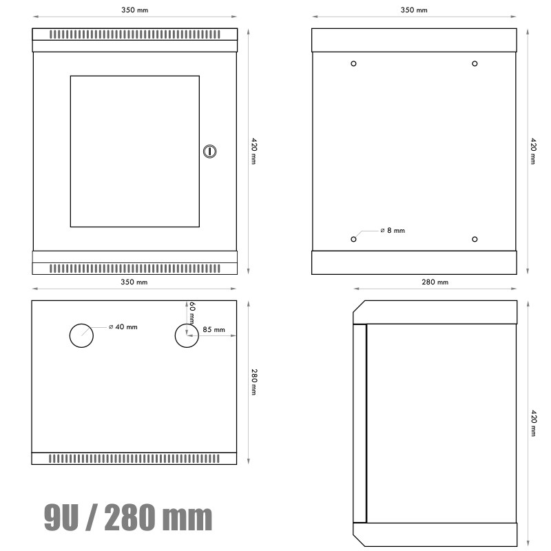 10" rack jednodílný 9U/280 DATACOM šedý Skl.dv.