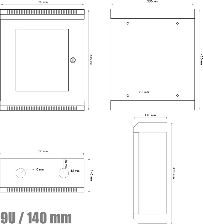 10" rack jednodílný 9U/140 DATACOM Šedý Skl. dv.