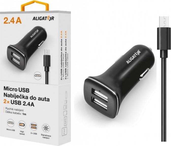ALIGATOR Nabí. do auta microUSB 2,4A TCH černá