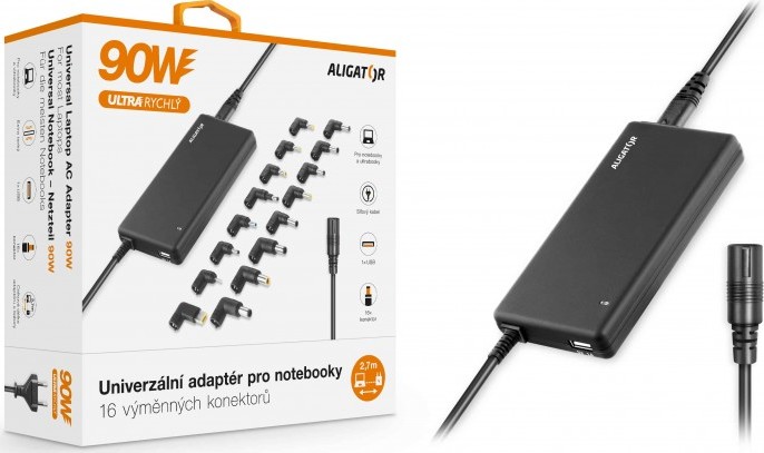 Aligator Univerzální adaptér pro notebooky se 16 výměnnými konektory a USB, 90W