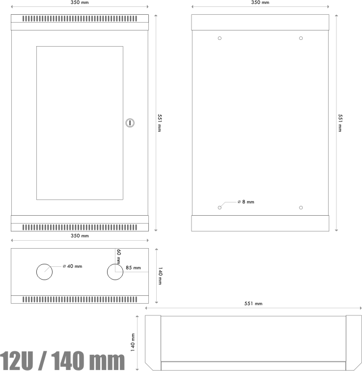 10" rack jednodílný 12U/140 DATACOM černý skl.dveře