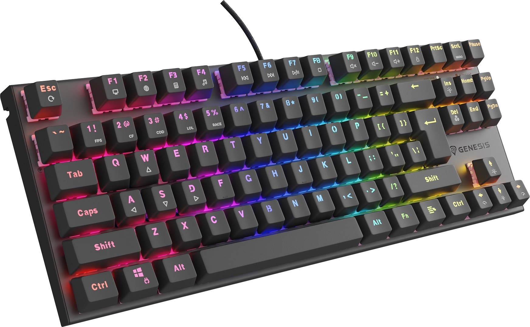 Genesis herní mechanická klávesnice THOR 303/TKL/RGB/Outemu Peach Silent/Drátová USB/US layout/Černá