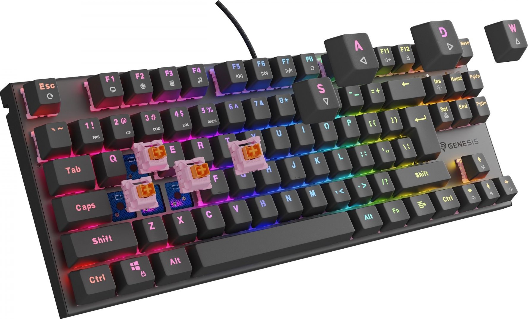 Genesis herní mechanická klávesnice THOR 303/TKL/RGB/Outemu Peach Silent/Drátová USB/US layout/Černá