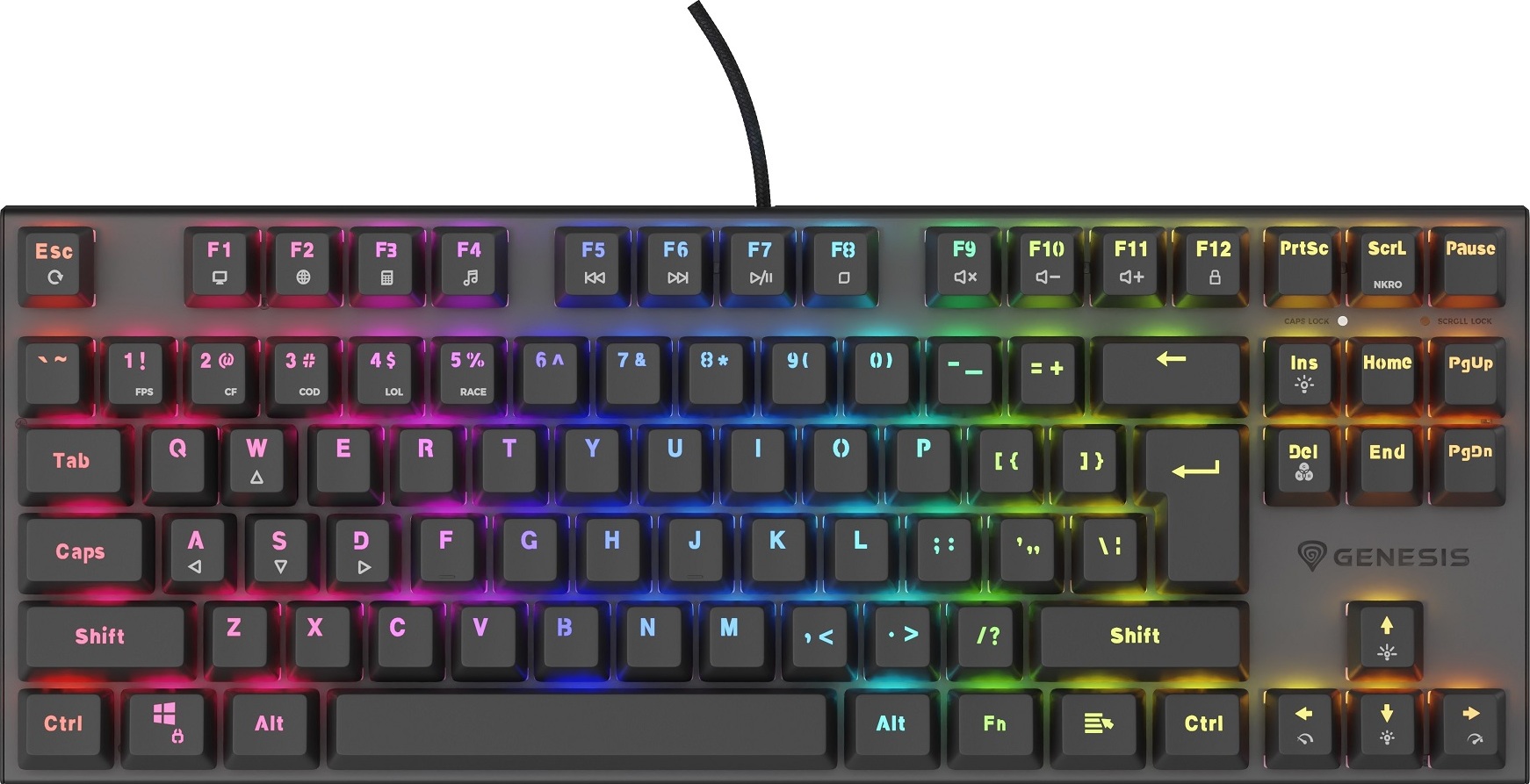 Genesis herní mechanická klávesnice THOR 303/TKL/RGB/Outemu Peach Silent/Drátová USB/US layout/Černá