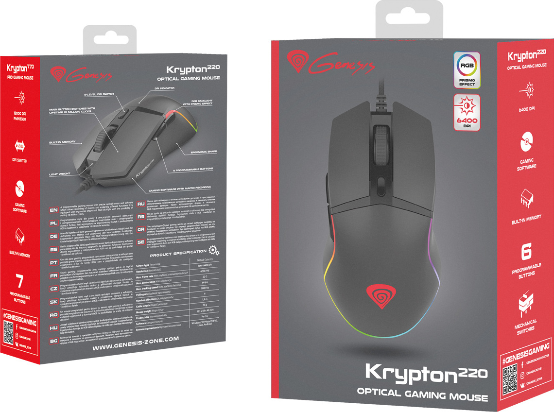 Genesis herní optická myš KRYPTON 220/RGB/6400 DPI/Herní/Optická/6 000 DPI/Drátová USB/Černá