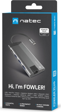 Natec multiport adaptér FOWLER PLUS HUB 8v1, USB 3.0 3X, HDMI 4K, USB-C PD, RJ45, SD, MICRO