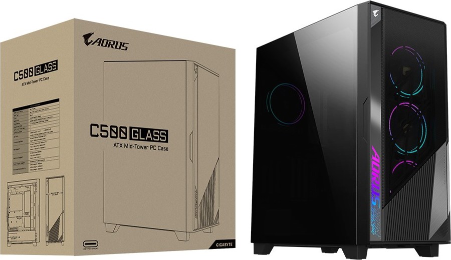 GIGABYTE case AORUS C500 GLASS, bez zdroje, průhledná bočnice, Mid Tower, černá
