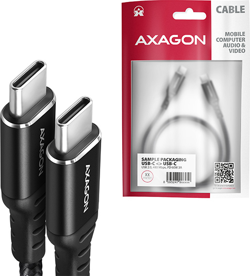 AXAGON BUCM-CM15AB, HQ kábel USB-C USB-C, 1.5 m, USB 2.0, PD 60W 3A, ALU, opletenie, čierny