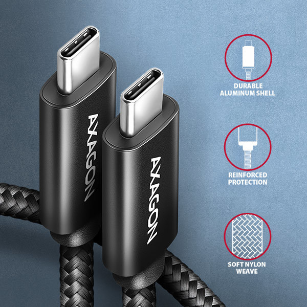 AXAGON BUCM2-CM15AB, CHARGE kábel USB-C  USB-C, 1.5m, Hi-Speed USB, PD 240W 5A, ALU, oplet, čierny