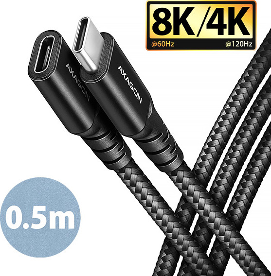 AXAGON BUCM32-CF05AB predlžovací kábel USB-C (M) USB-C (F), 0.5m, USB 20Gbps, PD 240W 5A, 8K HD, ALU, oplet, čierny